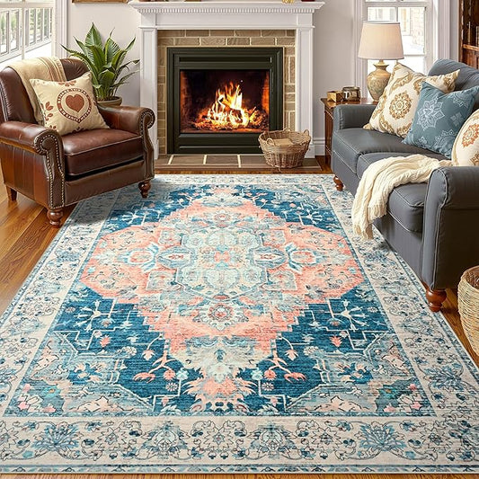 YJ.GWL Area Rugs for Living Room 5x7 Machine Washable Rugs, Non Slip Floral Vintage Rug Indoor Carpet, Stain Resistant Large Rug for Bedroom Dining Room, Dark Blue