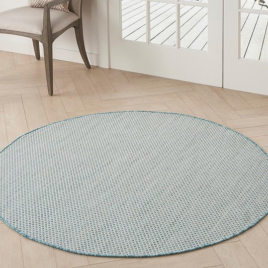 Nourison Home Courtyard Ivory Aqua 5' x Round Area Rug - Easy Clean, Non Shedding, Bed Room, Living Room, Dining Room, Kitchen (5' x Round)
