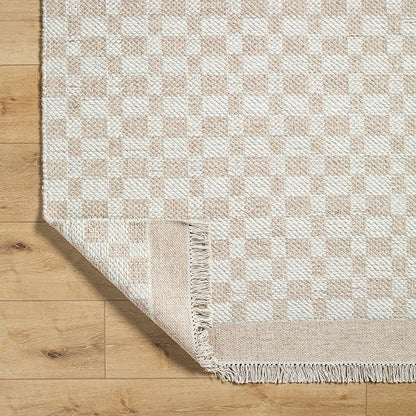 Mark&Day Wool Rugs, 5x8 Clinten Solid and Border Tan Checkered Rug, Tan Ivory Carpet for Living Room, Bedroom or Kitchen (5' x 7'6")
