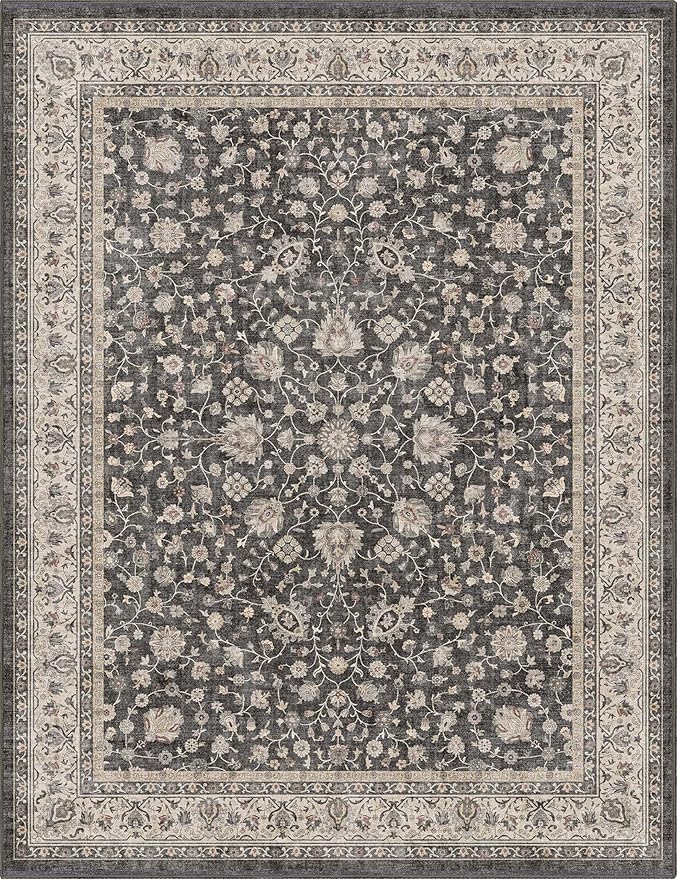 Well Woven Asha Rome Black 9'10" x 13' Area Rug - Oriental Floral Pattern, Easy Clean, Floor-Friendly Backing - for Living Room, Bedroom, and Dining Room