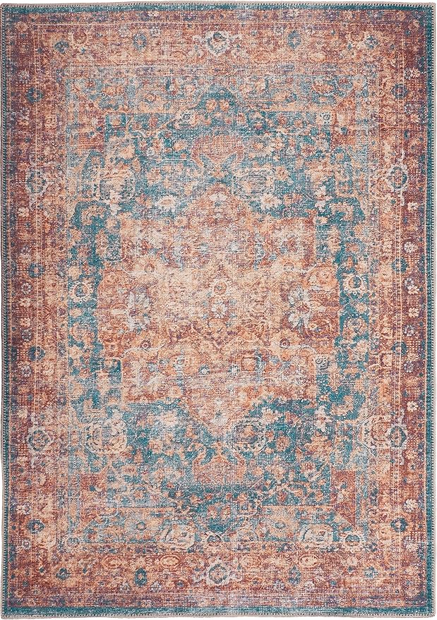 GLN Rugs Traditional Collection - Machine Washable Area Rug, Traditional Washable, Non Slip, Low Pile Chenille Rug, Living Room, Bedroom, Kitchen Rug (3' x 5' Terra/Green)