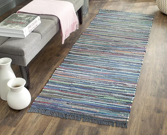 SAFAVIEH Rag Rug Collection Runner Rug - 2'3" x 7', Ink & Multi, Handmade Boho Stripe Cotton, Ideal for High Traffic Areas in Living Room, Bedroom (RAR121C)