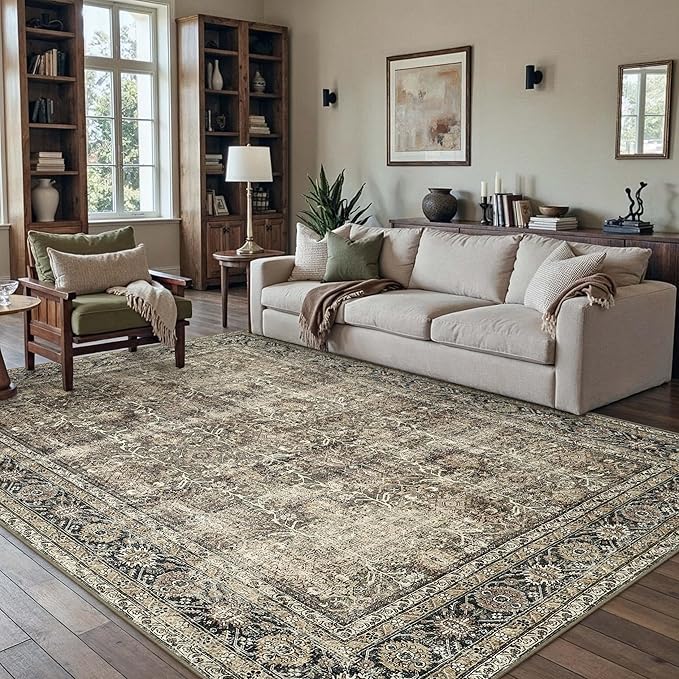 Vintage Area Rug 8x10 Brown Washable Living Room Large Carpet Non Slip Bedroom Indoor Office Low Pile Traditional Distressed Retro Accent Rug for Dining Room