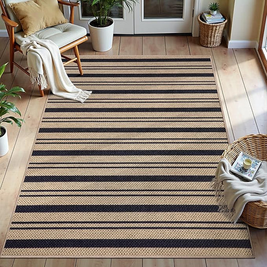Tangsoo Stripe Easy Jute Rug,Ultra Thin 3x5 Washable Area Rug for Bedroom,Non-Slip Black Indoor Outdoor Rug Modern Farmhouse Low Pile Carpet for Patio Backyard Entryway