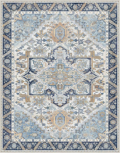 8x10 Area Rug Machine Washable Boho Rug for Living Room,Ultra-Thin Low Pile Carpet,Lightweight Indoor Printed Rug,Non Slip Floral Area Rug for Bedroom, Dining Room, Home Office,Blue
