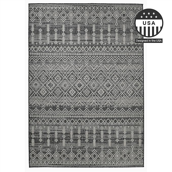 FH Home Flat Woven Outdoor Rug - Waterproof, Easy to Clean, Stain Resistant - Premium Polypropylene Yarn - Boho Moroccan - Large Patio, Deck, Sunroom - Dakar - Charcoal - 7ft 10in x 10ft 9in