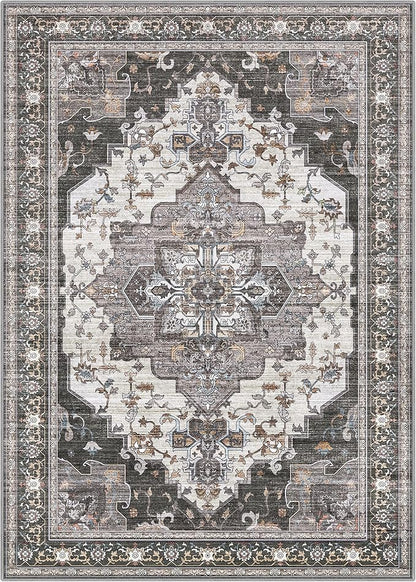GENIMO 8x10 Area Rugs for Living Room, Machine Washable Non Slip Vintage Rugs, Low Pile Lightweight Chenille Print Rug for Bedroom, Dining Room, Home Office, Slate Gray