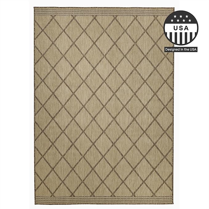 FH Home Flat Woven Outdoor Rug - Waterproof, Easy to Clean, Stain Resistant - Premium Polypropylene Yarn - Moroccan Geometric Lattice - Patio, Porch, Deck, Balcony - Tunis - Sand - 5ft 4in x 7ft 6in