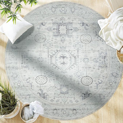 GLN Rugs Traditional Collection - Machine Washable Area Rug, Traditional Washable, Non Slip, Low Pile Chenille Rug, Living Room, Bedroom, Kitchen Rug (5'3" Round Cream/Gray/Sea Salt)