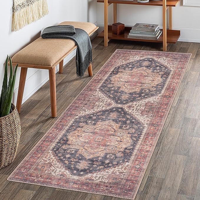 GLN Rugs Traditional Collection - Machine Washable Area Rug, Traditional Washable, Non Slip, Low Pile Chenille Rug, Living Room, Bedroom, Kitchen Rug (2'6" x 7' Black/Terra)