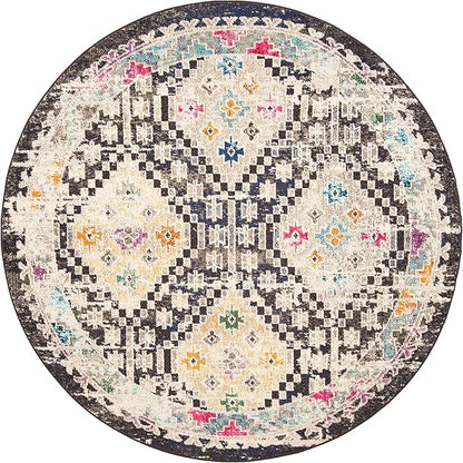 SAFAVIEH Madison Collection Area Rug - 6'7" Round, Black & Yellow, Boho Diamond Distressed Design, Non-Shedding & Easy Care, Ideal for High Traffic Areas in Living Room, Bedroom (MAD418Z)