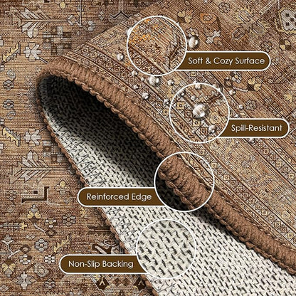 Washable Area Rug 8' x 10' Vintage Traditional Persian Mat - Foldable Distressed Non-Slip Machine Washable Carpet for Living Room Bedroom Kitchen Home Decor - Bronze and Ivory