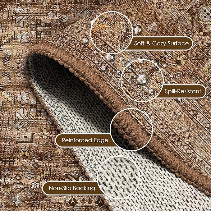 Washable Area Rug 9' x 12' Vintage Traditional Persian Mat - Foldable Distressed Non-Slip Machine Washable Carpet for Living Room Bedroom Kitchen Home Decor - Bronze and Ivory