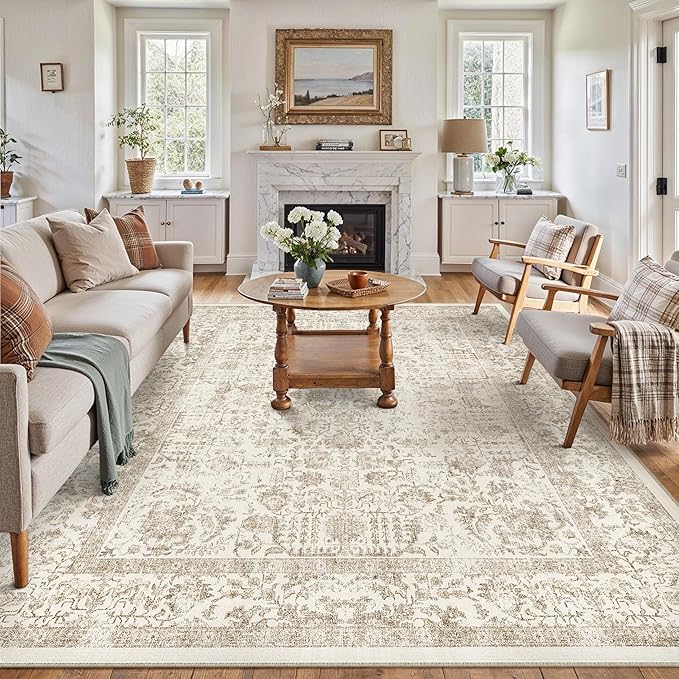 Light Brown Area Rug 5x8 Machine Washable Vintage Living Room Distressed Non Slip Carpet Traditional Indoor Bedroom Retro Floral Accent Throw Large Rug Office Kitchen Bathroom Dining Room