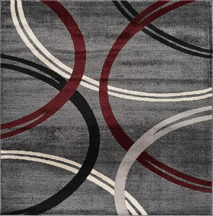 Rugshop Modern Wavy Circles Design Non-Shedding Square Rug, Carpet for Dining Room or Living Room, Red, 6'6" x 6'6"