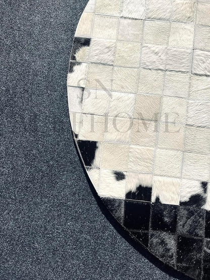 Round Cowhide Patchwork Leather Area Rug 3×3 ft – Modern Geometric Design, Durable Carpet for Living Room, Bedroom, Lounge, Office & Home Decor, Black & White
