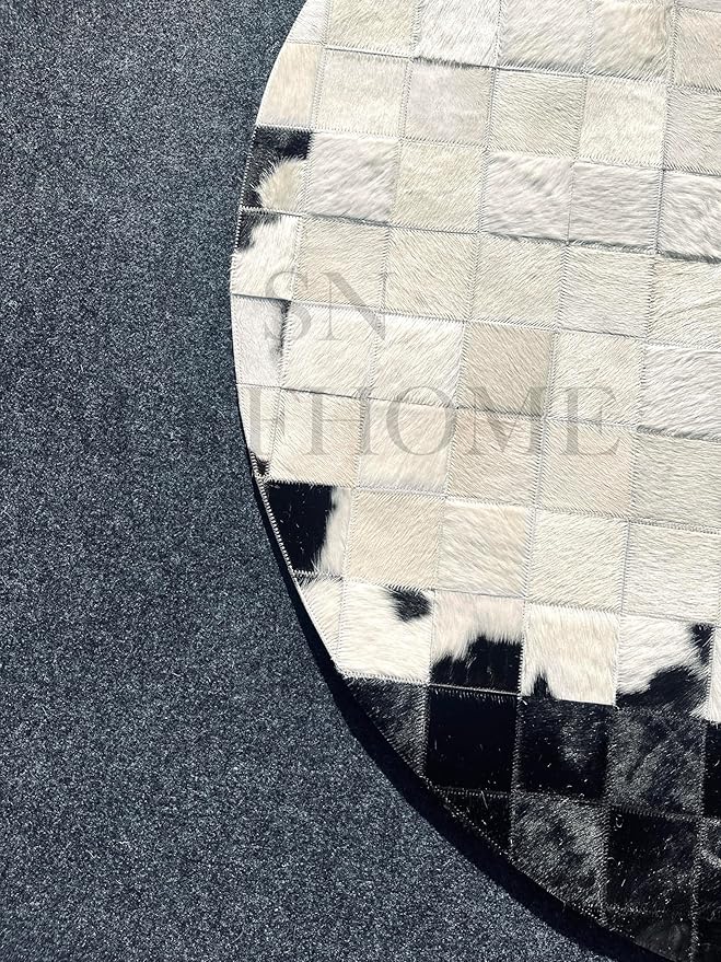 Round Geometric Patchwork Cowhide Leather Area Rug – Washable Non-Slip Modern Carpet for Living Room, Bedroom, Office & Home Décor, Faux Cowhide Accent Rug (Black & White, 7×7ft)