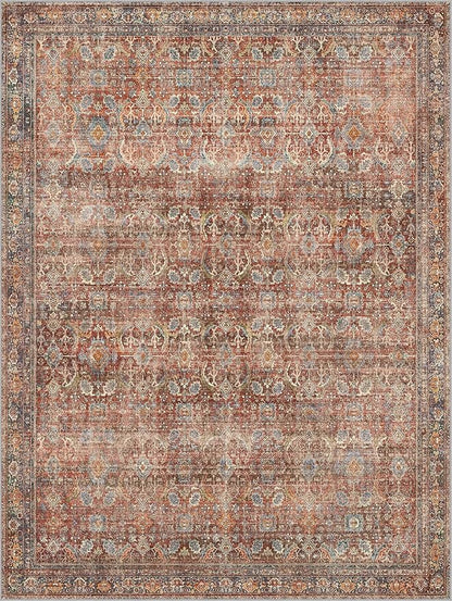 10x14 Area Rug Machine Washable Boho Rug for Living Room,Ultra-Thin Low Pile Carpet,Lightweight Indoor Printed Rug,Non Slip Floral Area Rug for Bedroom, Dining Room, Home Office,Terracotta/Indigo