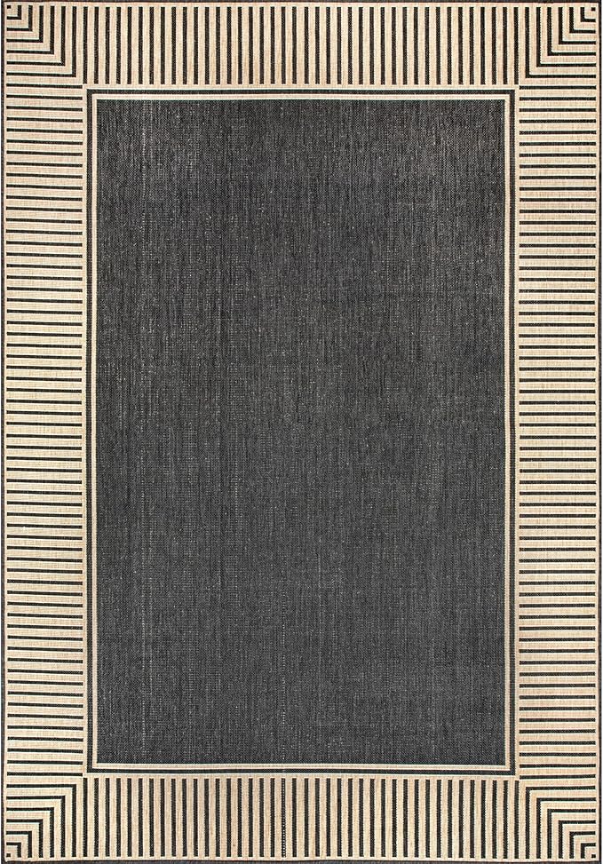 Nuloom Asha Dark Grey/Ivory, 8' x 10', Casual, Striped Border, Soft and Cozy, High Traffic, Stain Resistant, Easy Clean, Durable Area Rug for Indoor/Outdoor Patio, Deck, Porch, Garden, Courtyard