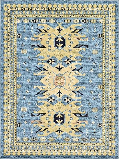 Unique Loom Taftan Collection Border Geometric Tribal Inspired Design Area Rug (9' 10 x 13' 0 Rectangular, Light Blue/ Gold)