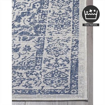 FH Home Flat Woven Outdoor Rug - Waterproof, Easy to Clean, Stain Resistant - Premium Polypropylene Yarn - Vintage - Patio, Deck, Porch,Balcony - Ankara - Distressed Blue - 3ft 11in x 5ft 6in