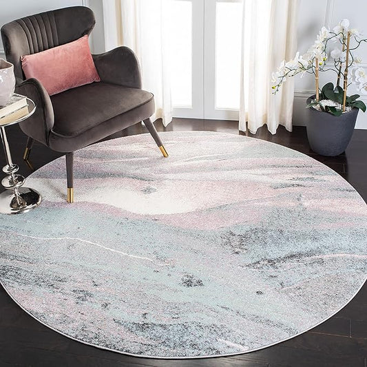 SAFAVIEH Glacier Collection 5'3" Round Pink / Blue GLA126U Modern Abstract Non-Shedding Dining Room Entryway Foyer Living Room Bedroom Area Rug
