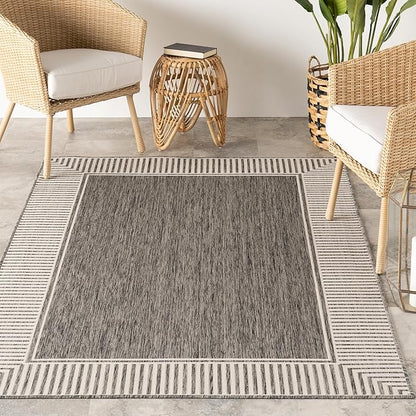 Nuloom Asha Grey/Ivory, 8' x 10', Casual, Striped Border, Soft and Cozy, High Traffic, Stain Resistant, Easy Clean, Durable Area Rug for Indoor/Outdoor Patio, Deck, Porch, Garden, Courtyard