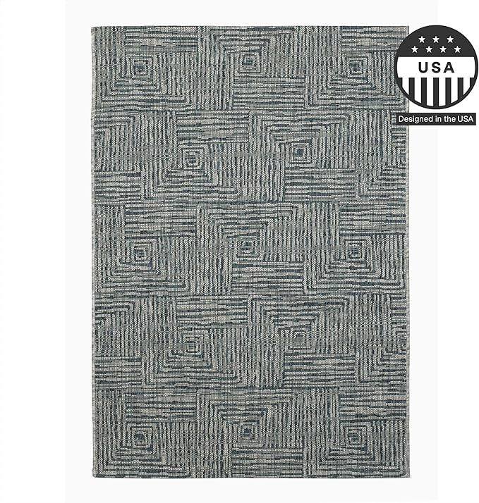FH Home Outdoor Rug - Waterproof Easy to Clean Stain Resistant - Patio Indoor Outdoor Porch Deck Balcony Entryway - Geometric Modern - Budapest - Aqua - 5ft 2in x 7ft 6in