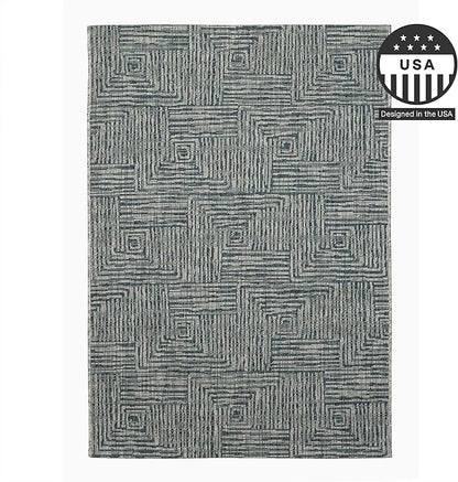 FH Home Outdoor Rug - Waterproof Easy to Clean Stain Resistant - Patio Indoor Outdoor Porch Deck Balcony Entryway - Geometric Modern - Budapest - Aqua - 7ft 8in x 9ft 8in