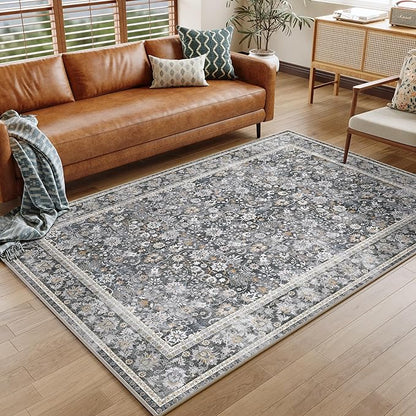 HUGEAR 4x6 Machine Washable Rugs Black Grey Hallway Area Rug Indoor Accent Rug Floral Low Pile Carpet Soft Throw Rug Bedroom Living Room Office Dining Room Kitchen Laundry Room Non Slip