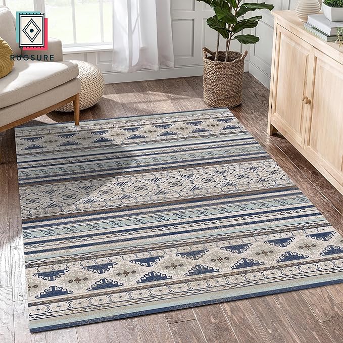 RUGSURE Washable Area Rugs 8' x 10' - 1/6 Thick - Moroccan-Inspired -Stain & Water Resistant Non-Slip - Resistant Rug for Living Room, Bedroom, Nursery, Pet & Child Friendly (Blue and Brown)