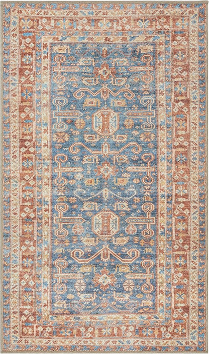 GLN Rugs Traditional Collection - Machine Washable Area Rug, Traditional Washable, Non Slip, Low Pile Chenille Rug, Living Room, Bedroom, Kitchen Rug (2'6" x 7' Terra/Slate Blue)