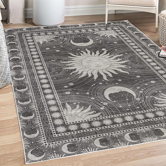 Ambesonne Sun and Moon Decorative Rug, Bohemian Artwork Design of Crescent Solar Ornament Esoteric Stars Ornaments, Quality Carpet for Bedroom Dorm and Living Room, 4' X 5' 5", Dark Taupe