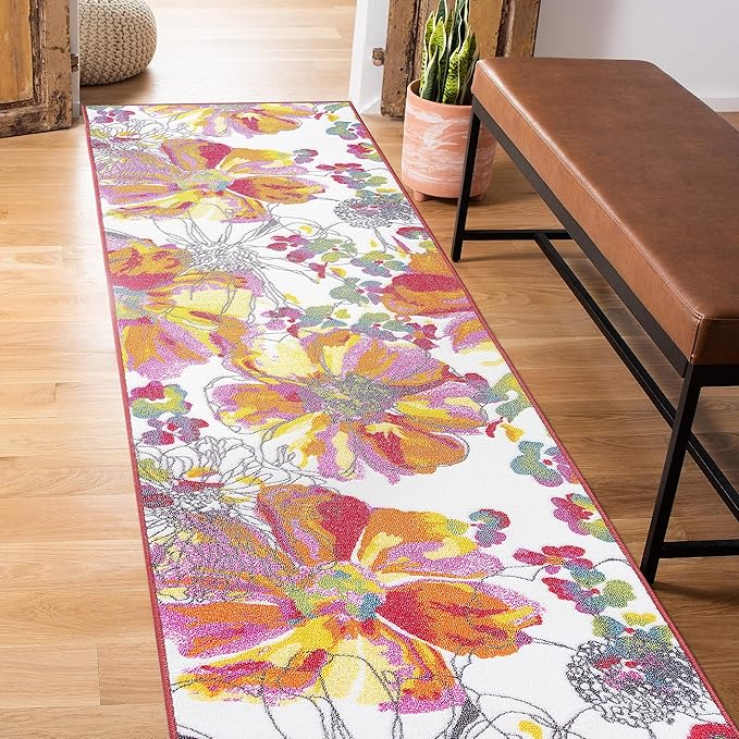 Rugshop Multi Bright Flowers Non Slip Non-Shedding Runner Rug for Hallway, Kitchen and Entryway, 2' x 10'