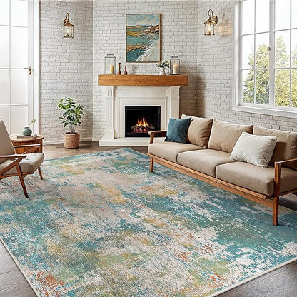 GENIMO 6x9 Area Rugs for Living Room, Machine Washable Rug Non Slip, Low Pile Ultra-Thin Lightweight Large Carpet, Abstract Modern Rugs for Bedroom, Dining Room, Office, Nursery, Teal/Beige