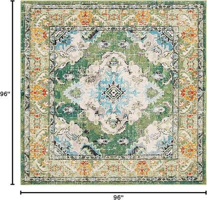 SAFAVIEH Monaco Collection Area Rug - 8' Square, Forest Green & Light Blue, Medallion Distressed Design, Non-Shedding & Easy Care, Ideal for High Traffic Areas in Living Room, Bedroom (MNC243F)