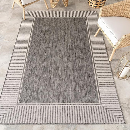 Nuloom Asha Grey/Ivory, 10' x 14', Casual, Striped Border, Soft and Cozy, High Traffic, Stain Resistant, Easy Clean, Durable Area Rug for Indoor/Outdoor Patio, Deck, Porch, Garden, Courtyard