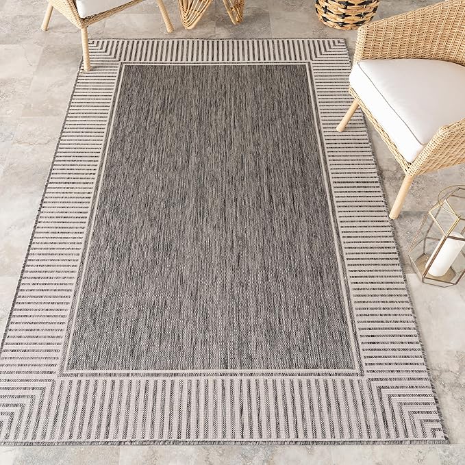 Nuloom Asha Grey/Ivory, 4' x 6', Casual, Striped Border, Soft and Cozy, High Traffic, Stain Resistant, Easy Clean, Durable Area Rug for Indoor/Outdoor Patio, Deck, Porch, Garden, Courtyard