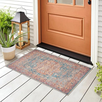 GLN Rugs Traditional Collection - Machine Washable Area Rug, Traditional Washable, Non Slip, Low Pile Chenille Rug, Living Room, Bedroom, Kitchen Rug (2' x 3' Terra/Green)