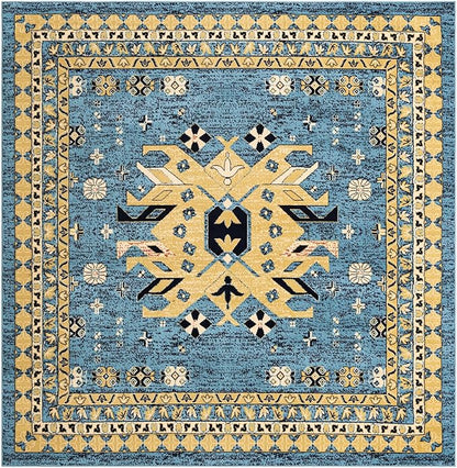 Unique Loom Taftan Collection Border Geometric Tribal Inspired Design Area Rug, 8 ft, Light Blue/Gold