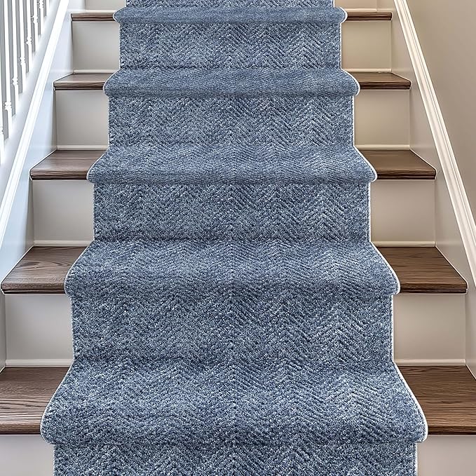 Well Woven Custom Size Hallway & Stair Runner- Harlow Pompeii Blue 27 Inches Wide x 35 Feet Long Runner (27" x 35') Runner Rug - Modern Chevron Pattern, Ultra-Soft, Easy-Clean