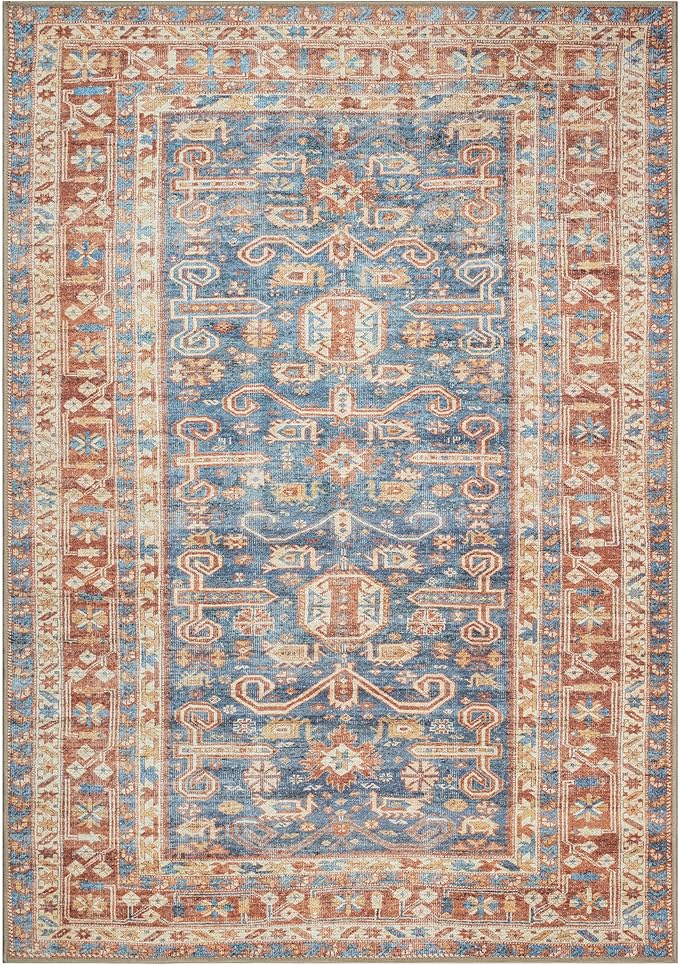 GLN Rugs Traditional Collection - Machine Washable Area Rug, Traditional Washable, Non Slip, Low Pile Chenille Rug, Living Room, Bedroom, Kitchen Rug (9' x 12' Terra/Slate Blue)