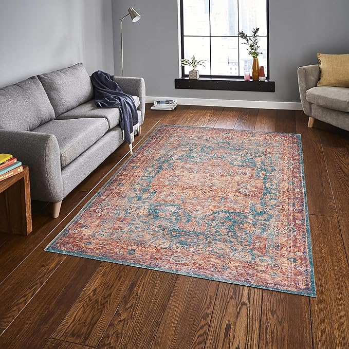 GLN Rugs Traditional Collection - Machine Washable Area Rug, Traditional Washable, Non Slip, Low Pile Chenille Rug, Living Room, Bedroom, Kitchen Rug (3' x 5' Terra/Green)