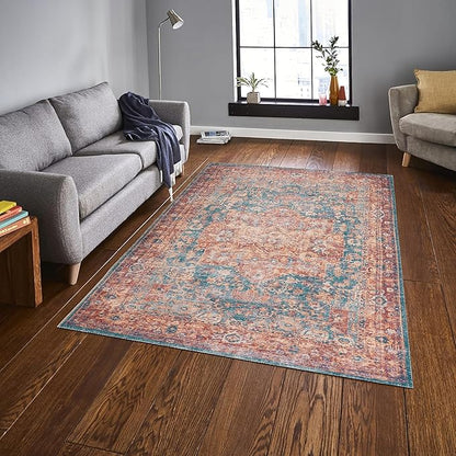 GLN Rugs Traditional Collection - Machine Washable Area Rug, Traditional Washable, Non Slip, Low Pile Chenille Rug, Living Room, Bedroom, Kitchen Rug (3' x 5' Terra/Green)