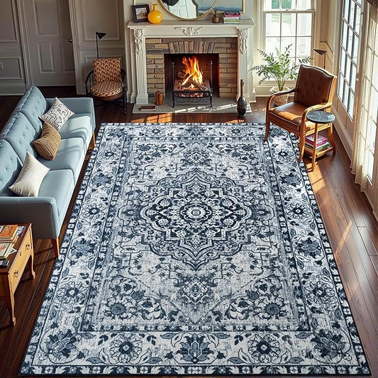 YJ.GWL Area Rugs for Living Room 6x9 Machine Washable Rugs, Non Slip Floral Vintage Rug Indoor Carpet, Stain Resistant Large Rug for Bedroom Dining Room, Navy Blue