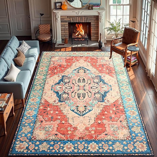 YJ.GWL Area Rugs for Living Room 8x10 Machine Washable Rugs, Non Slip Floral Vintage Rug Indoor Carpet, Stain Resistant Large Rug for Bedroom Dining Room, Red Blue Gradient Color
