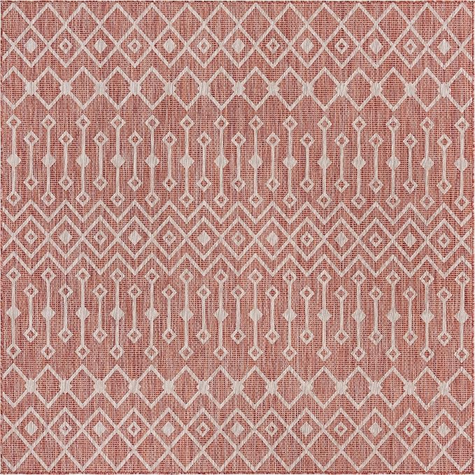 Unique Loom Outdoor Trellis Collection Area Rug - Tribal Trellis (7' 10" Square, Rust Red/ Ivory)
