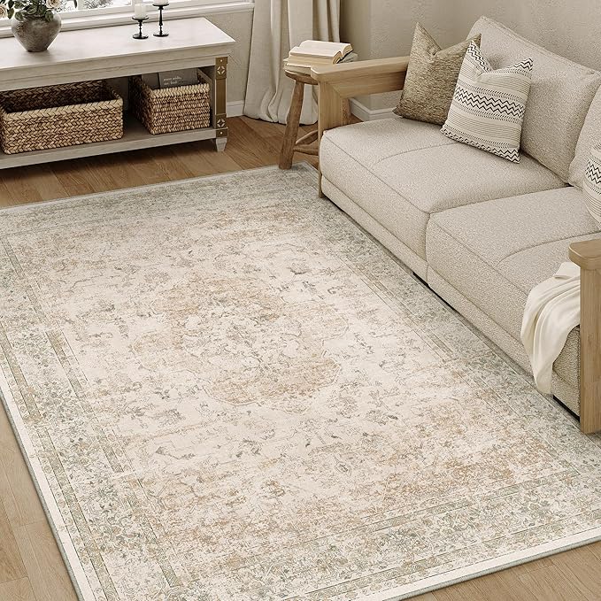 4x6 Washable Area Rug Beige Vintage Distressed Rug for Office Oriental Soft Thin Indoor Retro Carpet Non Slip Low Pile Floor Cover for Living Ding Room Bedroom Laundry