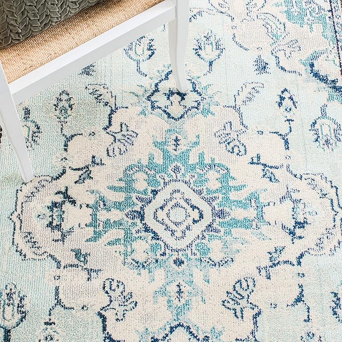 SAFAVIEH Monaco Collection Area Rug - 6'7" Square, Light Blue & Ivory, Boho Chic Medallion Distressed Design, Non-Shedding & Easy Care, Ideal for High Traffic Areas in Living Room, Bedroom (MNC243K)