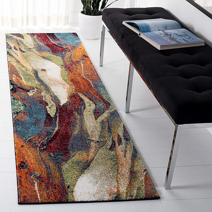 SAFAVIEH Glacier Collection Runner Rug - 2'3" x 22', Red & Green, Modern Abstract Design, Non-Shedding & Easy Care, Ideal for High Traffic Areas in Living Room, Bedroom (GLA126Q)